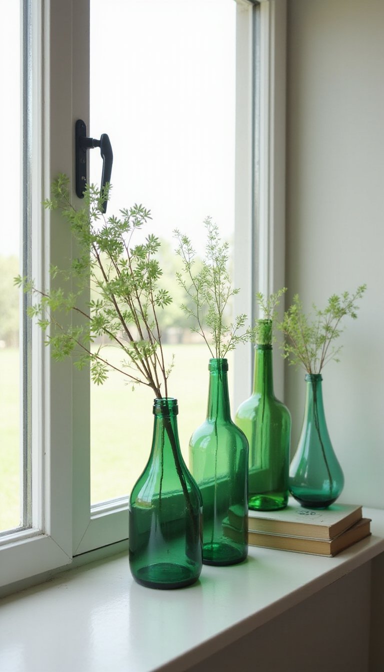 Layered Green Vases on a Sunlit Windowsill