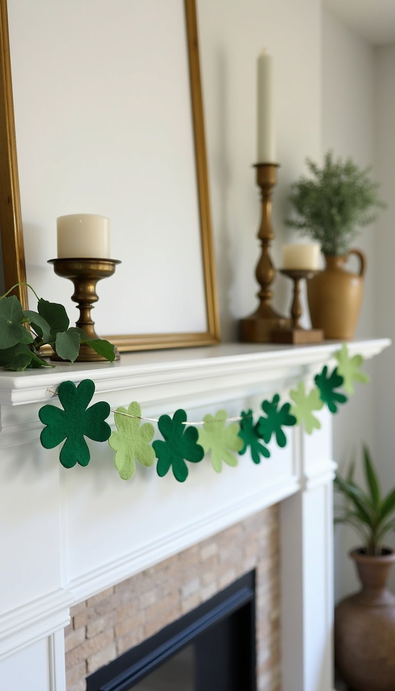Mini Felt Shamrock Garland across a Mantel