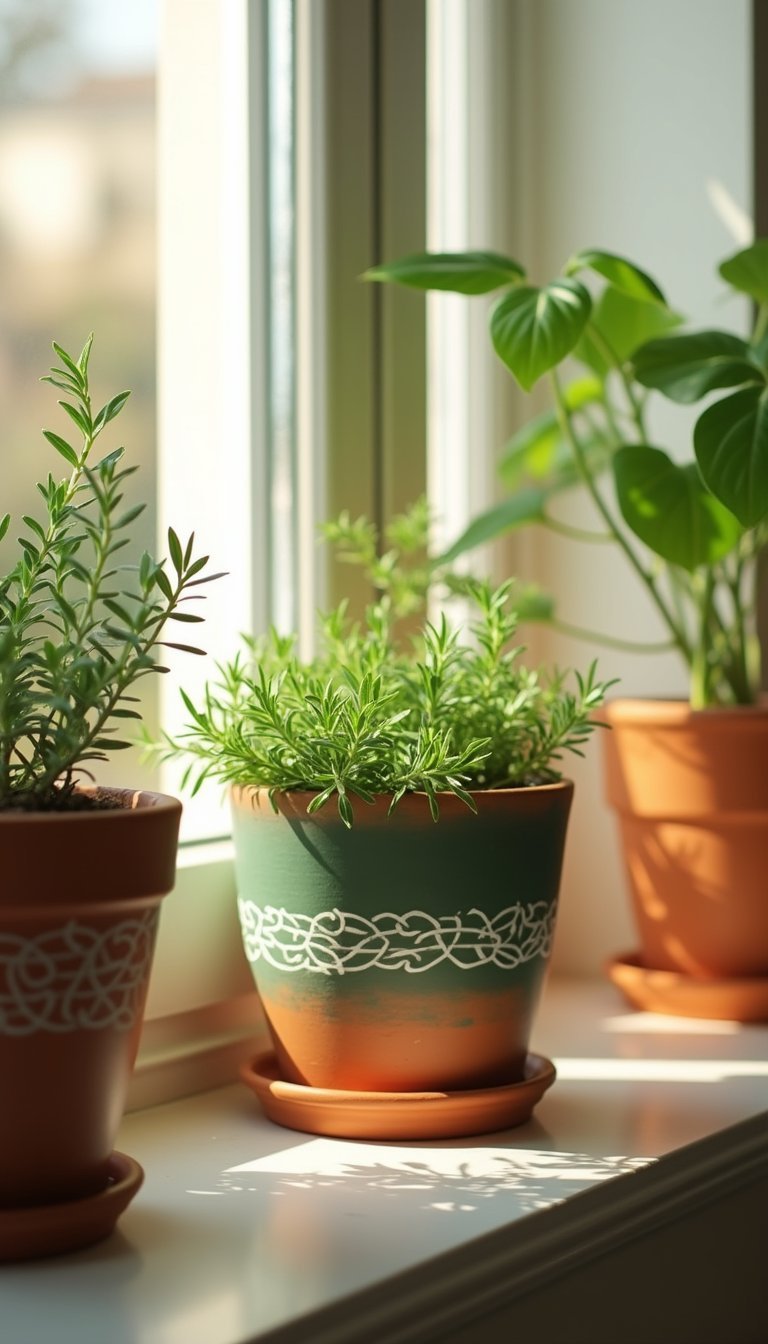 Painted Terracotta Pots with Celtic Knot Accents