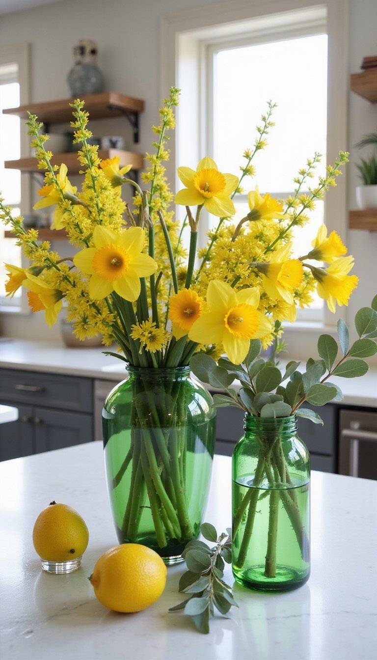 Quick Floral Centerpiece with Forsythia and Eucalyptus