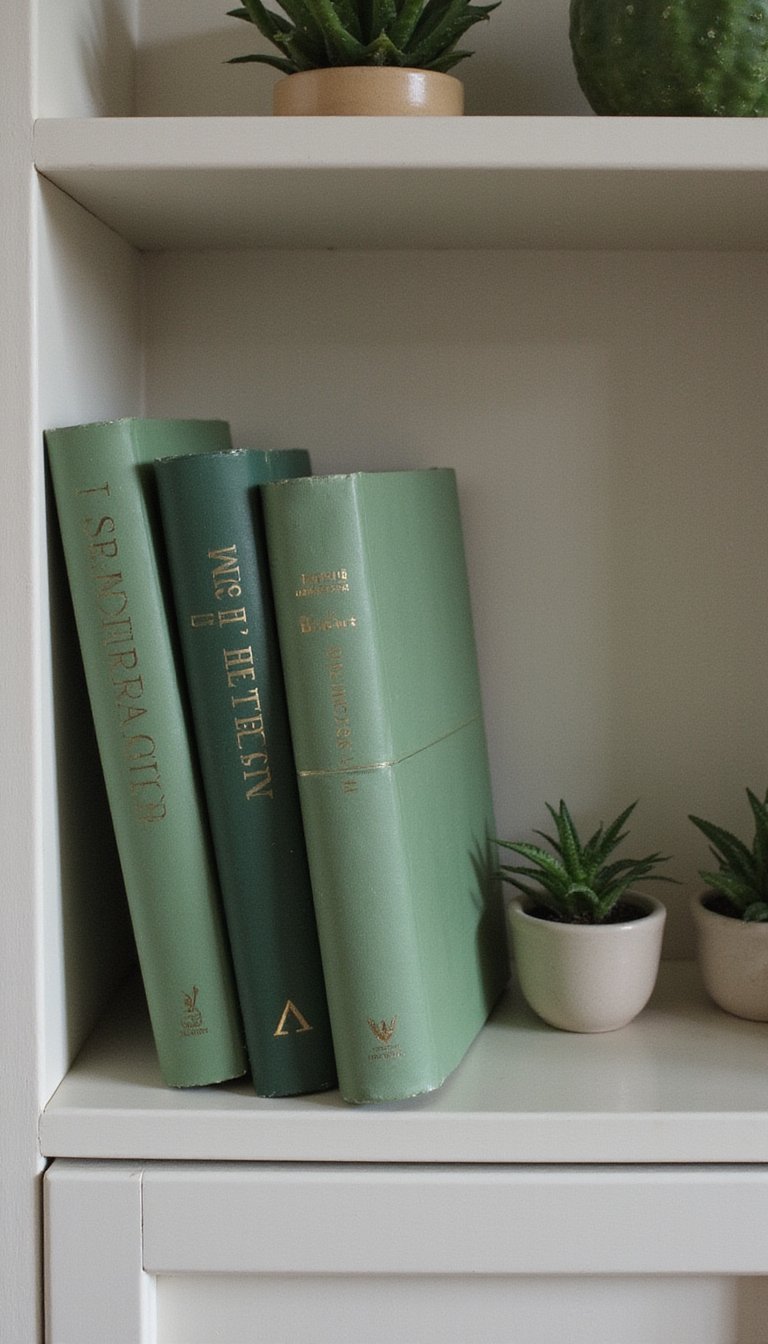 Simple Shelf Styling with Green Books and Plants