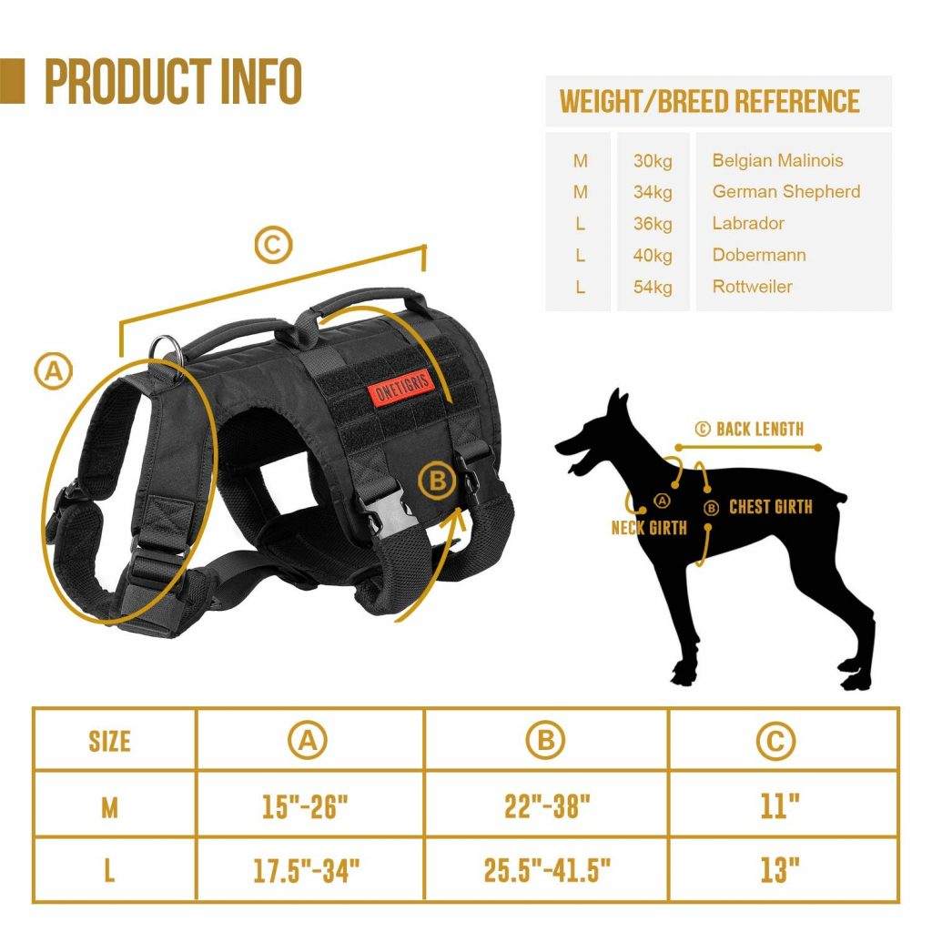 OneTigris Gladiator Support Dog Harness size chart
