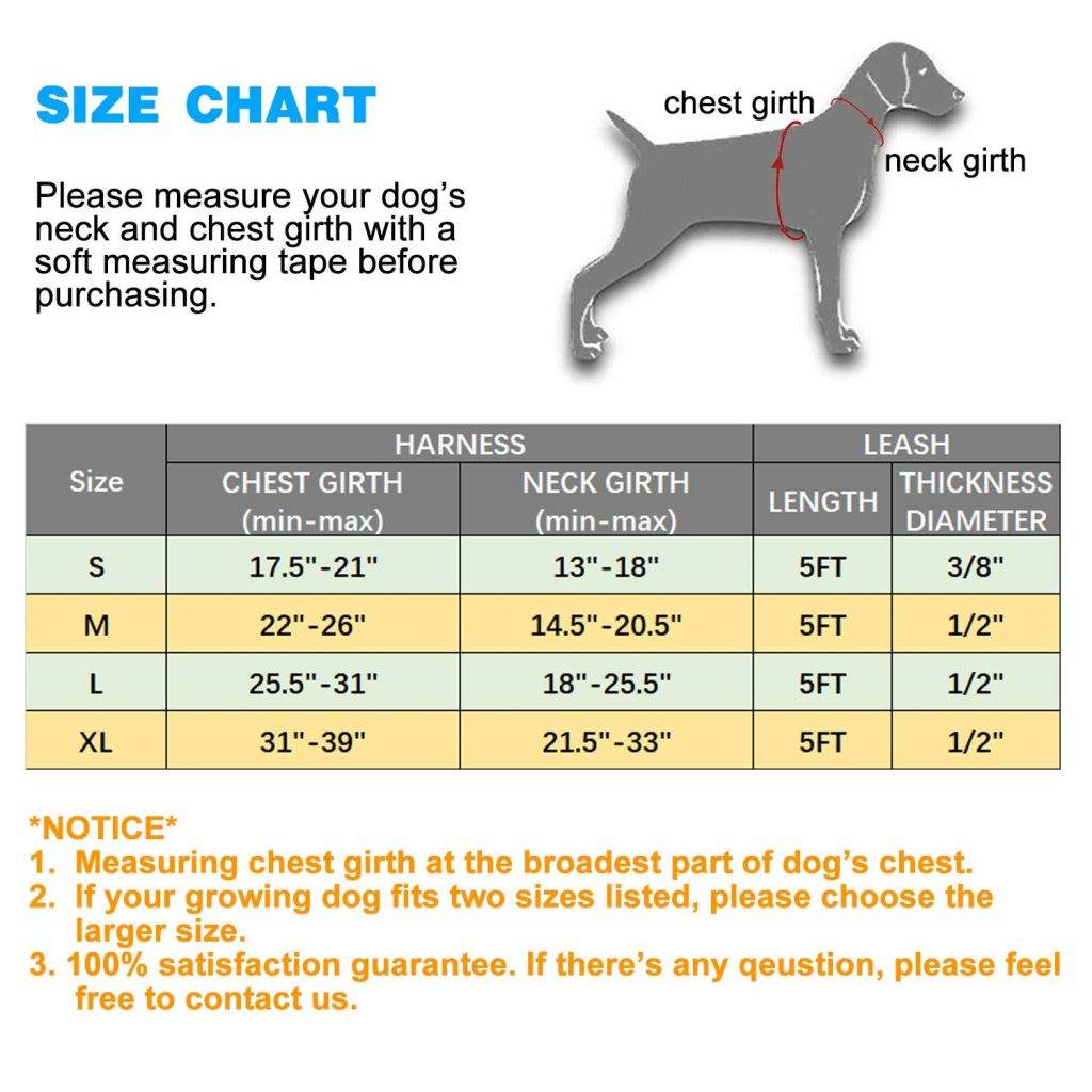 TobeDRI No Pull Dog Harness size chart